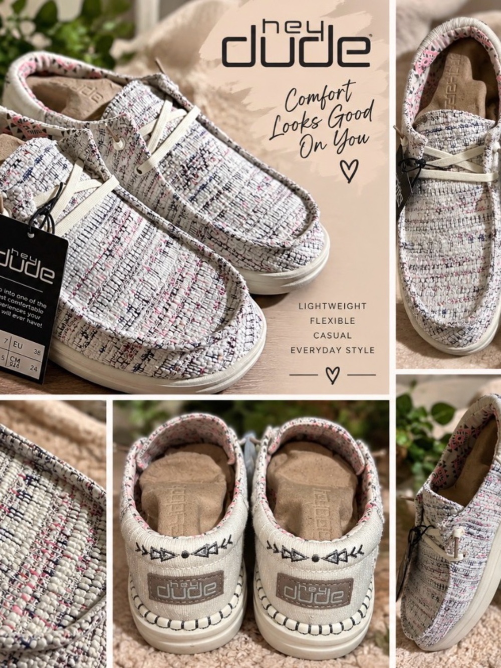 Hey Dude Kids White Woven Slip-Ons with Pink Accents